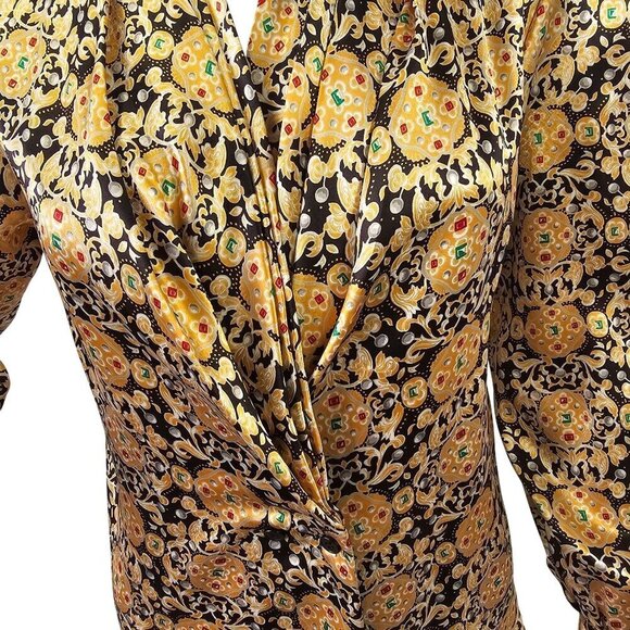 Marlis Petite 90s Satiny Black Gold Double Breast Blouse Size 4P Shawl Collar - Picture 3 of 10